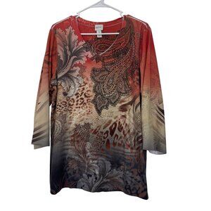 Zenergy By Chicos 2YK Womens 3/4 Sleeve Top Blouse With Paisley Rhinestones